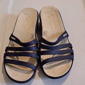 Crocs Rhonda Wedge Sandals Navy Blue Strappy Slide Women's Sz 8/9